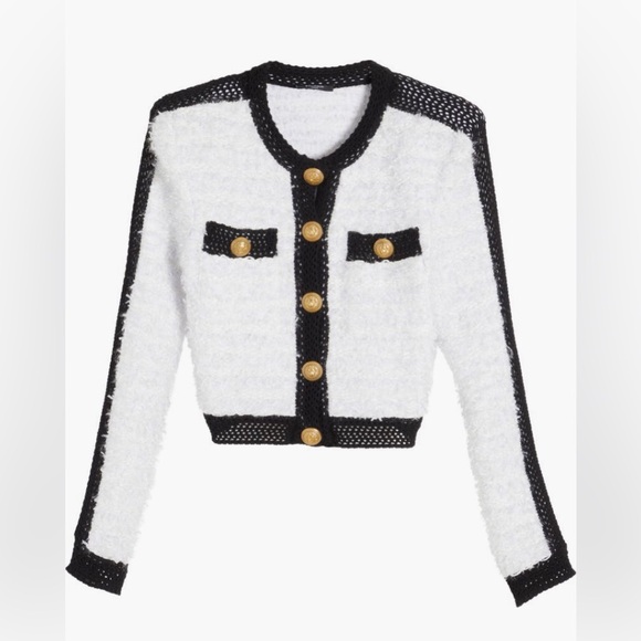 NWT $2990 Balmain Colorblocked Tweed Knit Jacket 12 US / 44 FR, GAB WHITE/ BLACK - Picture 6 of 7